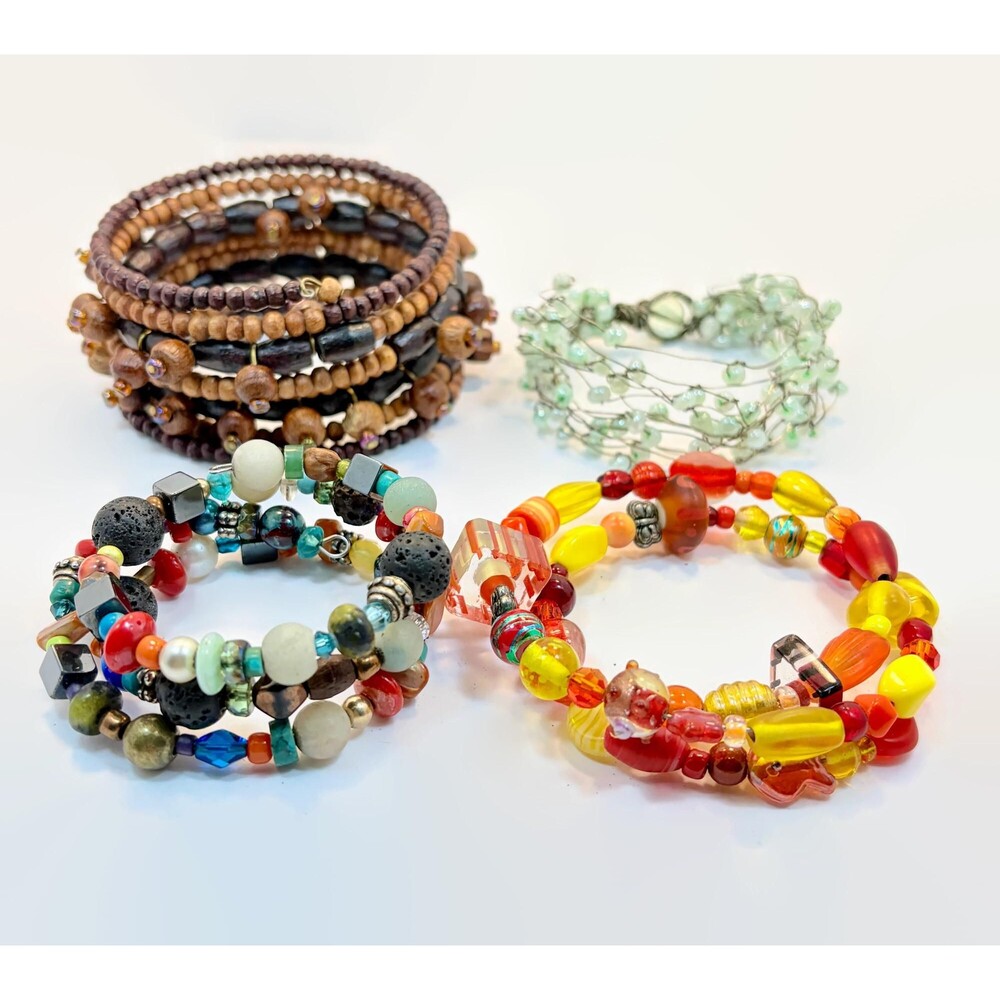 Boho Bracelet Lot, Wrap Bracelets, Glass, Wood, Stacking, Vintage Bracelet
